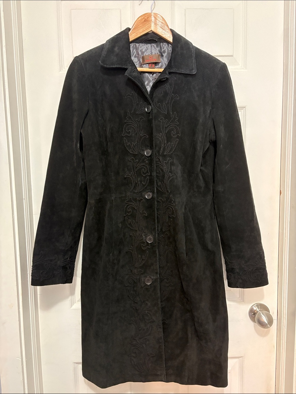 Vintage Danier Black Suede Long Coat with Embroidered Detail